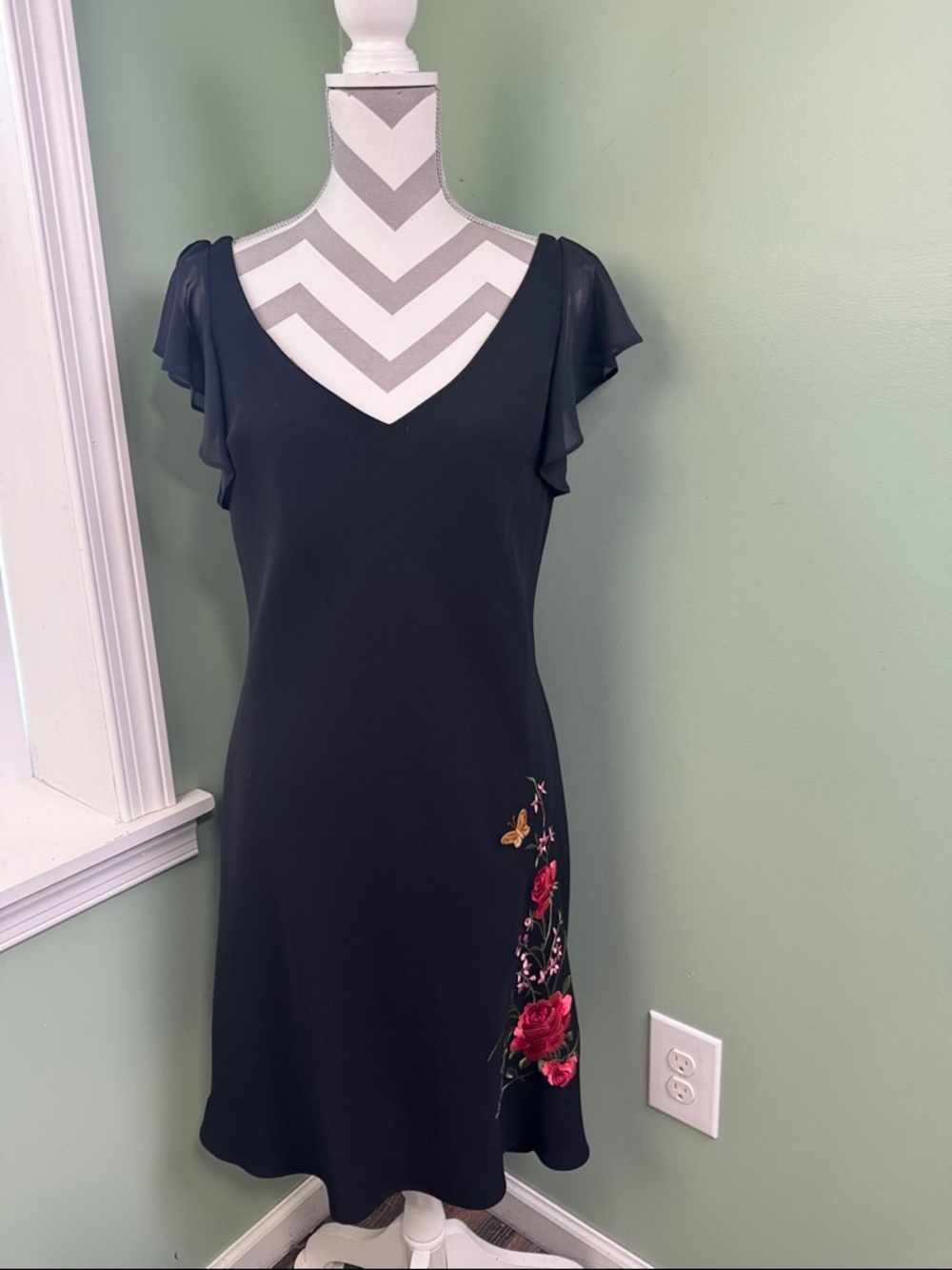 SL Fashions Black Midi Dress with Red Floral Embroidery